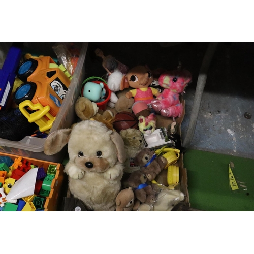 1067 - A LARGE QUANTITY OF TOYS TO INCLUDE TEDDIES, NERF GUN, DUPLO, ETC.,