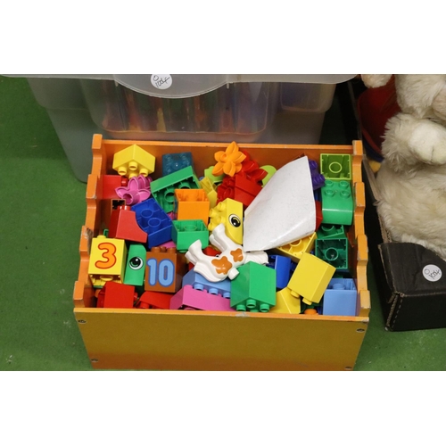 1067 - A LARGE QUANTITY OF TOYS TO INCLUDE TEDDIES, NERF GUN, DUPLO, ETC.,