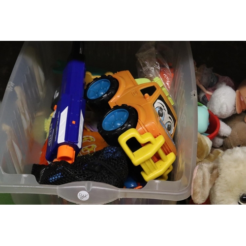 1067 - A LARGE QUANTITY OF TOYS TO INCLUDE TEDDIES, NERF GUN, DUPLO, ETC.,