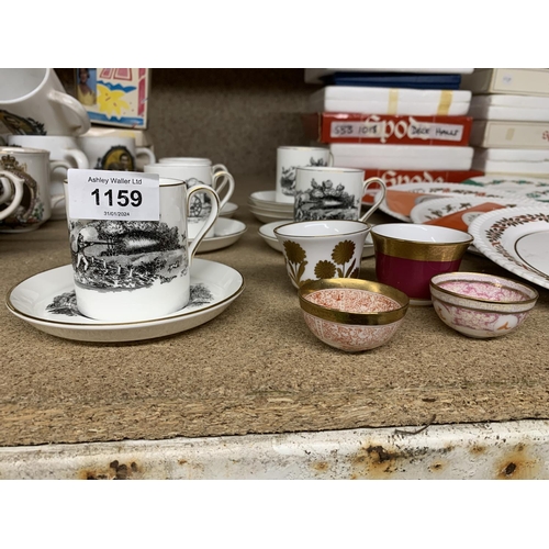 1159 - FIVE ROYAL CHELSEA 'SHOOTING' CUPS AND SEVEN SAUCERS, TWO SMALL CAVERSWALL TEA BOWLS AND TWO MINIATU... 