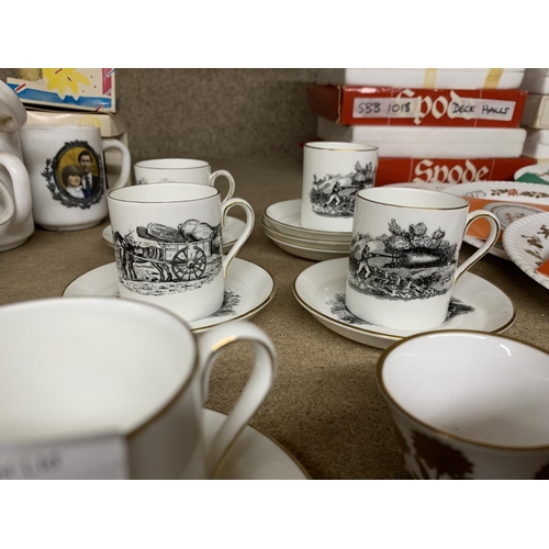 1159 - FIVE ROYAL CHELSEA 'SHOOTING' CUPS AND SEVEN SAUCERS, TWO SMALL CAVERSWALL TEA BOWLS AND TWO MINIATU... 