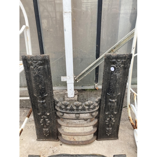 1503 - A VINTAGE DECORATIVE FIRE FRONT GRATE AND TWO FIRE HOODS