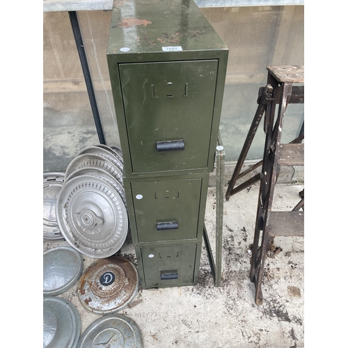 1607 - THREE VINTAGE GREEN METAL INDEX CABINETS WITH FRAME