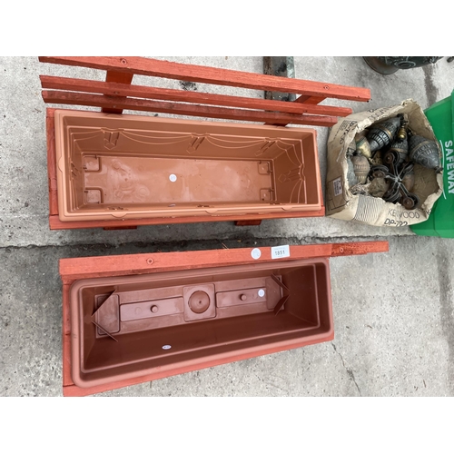 1851 - TWO WOODEN TROUGH PLANTERS WITH PLASTIC LINERS