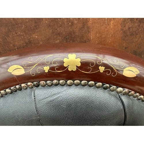 2504 - A BRASS INLAID INDIAN HARDWOOD AND BUTTONED LEATHER SCROLL END CONVERSATION DOUBLE SEAT WITH RATTAN ... 