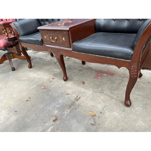 2504 - A BRASS INLAID INDIAN HARDWOOD AND BUTTONED LEATHER SCROLL END CONVERSATION DOUBLE SEAT WITH RATTAN ... 