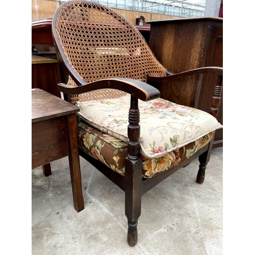 2654 - A MID 20TH CENTURY CANE BACK ARM CHAIR, SMALL STOOL AND BOX COMMODE