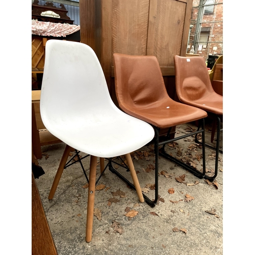 2675 - A PAIR OF BROWN LEATHER DINING CHAIRS AND A PLASTIC CHAIR ON KICK OUT LEGS