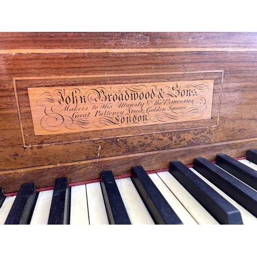 2757 - A VICTORIAN MAHOGANY JOHN BROADWOOD & SONS, LONDON SQUARE PIANO, ON TURNED LEGS, 68 X 26