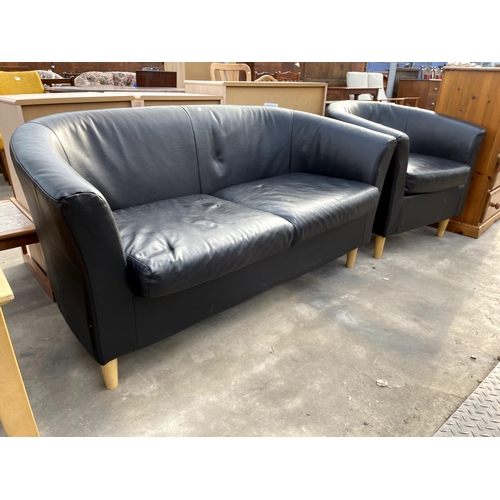 2777 - A MODERN BLACK LEATHER TWO SEATER SETTEE AND MATCHING EASY CHAIR