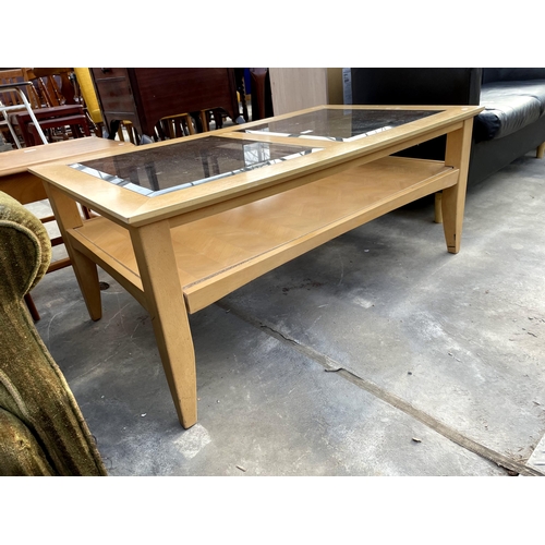 2778 - A MODERN HARDWOOD TWO TIER COFFEE TABLE WITH INSET GLASS TOP