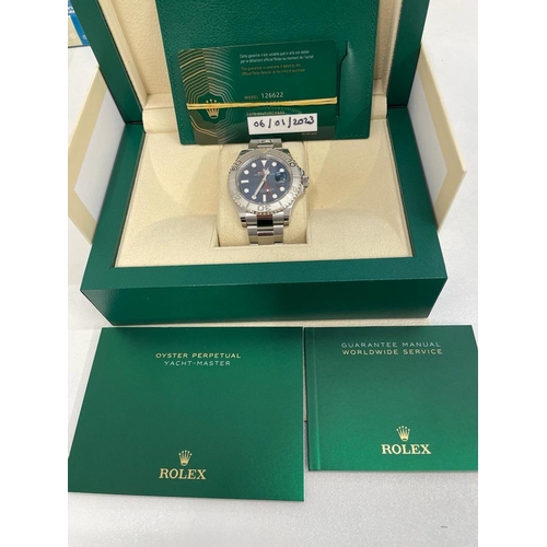 502 - A ROLEX YACHTMASTER 40 MM WRIST WATCH WITH STAINLESS STEEL CASE AND BRACELET, SOUGHT AFTER BLUE DIAL... 