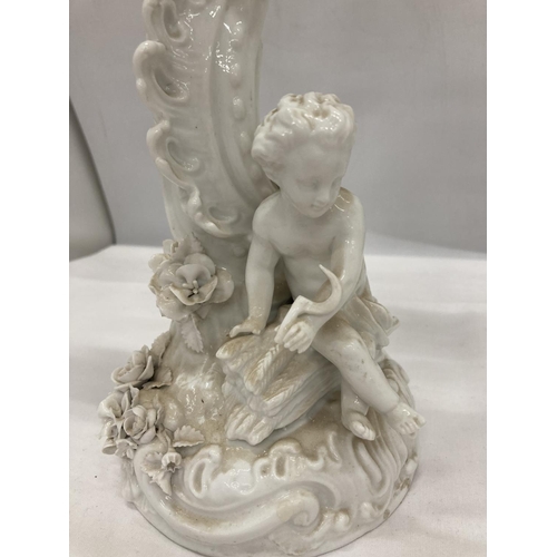 1 - A PAIR OF BLANC DE CHINE VOLKSTEDT CIRCA 1870 PORCELAIN THREE ARM CANDELABRA FEATURING CHERUBS (A/F)