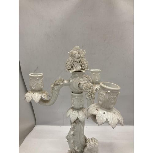 1 - A PAIR OF BLANC DE CHINE VOLKSTEDT CIRCA 1870 PORCELAIN THREE ARM CANDELABRA FEATURING CHERUBS (A/F)