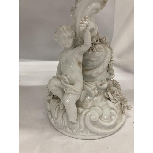 1 - A PAIR OF BLANC DE CHINE VOLKSTEDT CIRCA 1870 PORCELAIN THREE ARM CANDELABRA FEATURING CHERUBS (A/F)