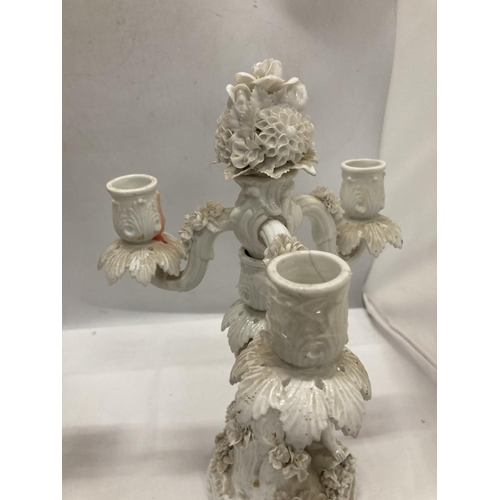 1 - A PAIR OF BLANC DE CHINE VOLKSTEDT CIRCA 1870 PORCELAIN THREE ARM CANDELABRA FEATURING CHERUBS (A/F)