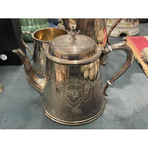 107 - FOUR PIECES OF ELKINGTON SILVER PLATE, PATTERN NO. 16635, TO INCLUDE A COFFEE POT, TEAPOT, CREAM JUG... 