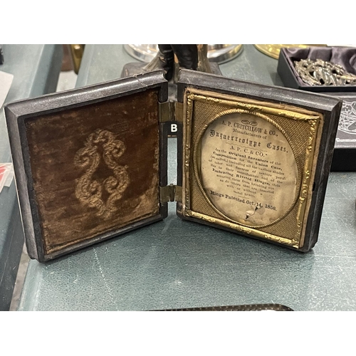 126 - A 19TH CENTURY A. P. CRITCHLOW & CO, DAGUERREOTYPE CASE PLUS A HANDPAINTED PAPIER MACHE BOX, SOME PA... 