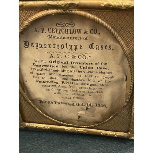 126 - A 19TH CENTURY A. P. CRITCHLOW & CO, DAGUERREOTYPE CASE PLUS A HANDPAINTED PAPIER MACHE BOX, SOME PA... 