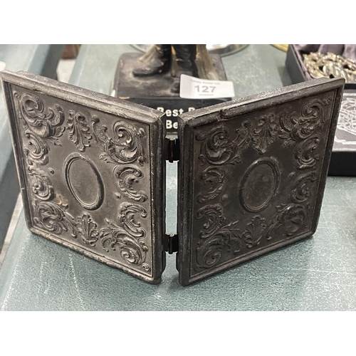 126 - A 19TH CENTURY A. P. CRITCHLOW & CO, DAGUERREOTYPE CASE PLUS A HANDPAINTED PAPIER MACHE BOX, SOME PA... 