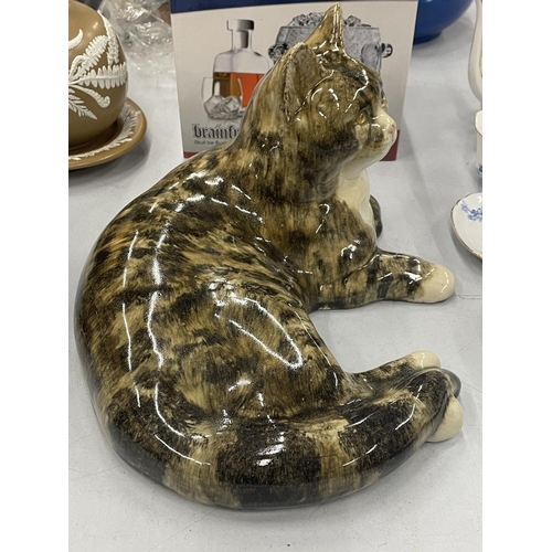 142 - A LARGE WINSTANLEY LYING DOWN TABBY CAT WITH GLASS EYES, HEIGHT 20CM, LENGTH 32CM