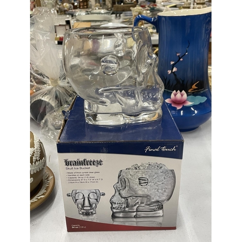 143 - A 'BRAIN FREEZE', GLASS SKULL ICE BUCKET, BOXED, HEIGHT 16CM