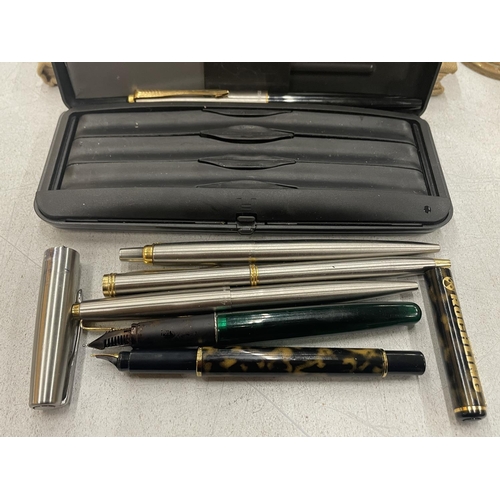 151 - SIX PARKER PENS TO INCLUDE THREE FOUNTAIN IN A BOX AND THREE BALLPOINT