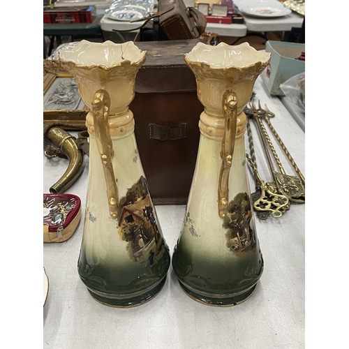 154 - A PAIR OF VICTORIAN VASES WITH HORSE AND FARMING DECORATION - 1 A/F, HEIGHT 31CM