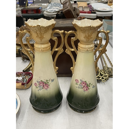 154 - A PAIR OF VICTORIAN VASES WITH HORSE AND FARMING DECORATION - 1 A/F, HEIGHT 31CM