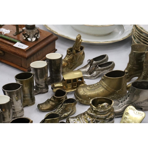 172 - A LARGE QUANTITY OF BRASS, WHITE METAL AND PEWTER BOOTS