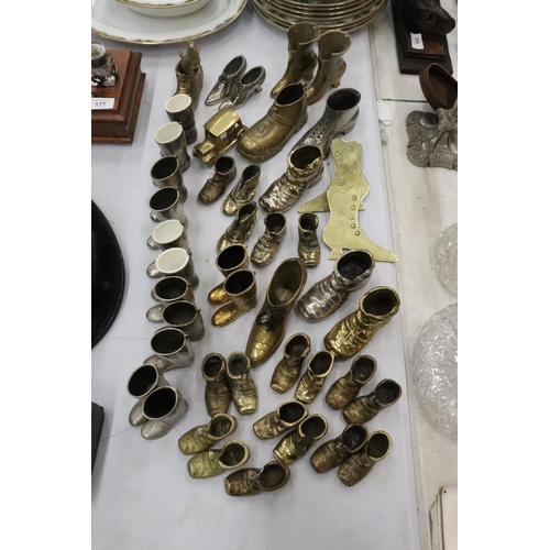 172 - A LARGE QUANTITY OF BRASS, WHITE METAL AND PEWTER BOOTS