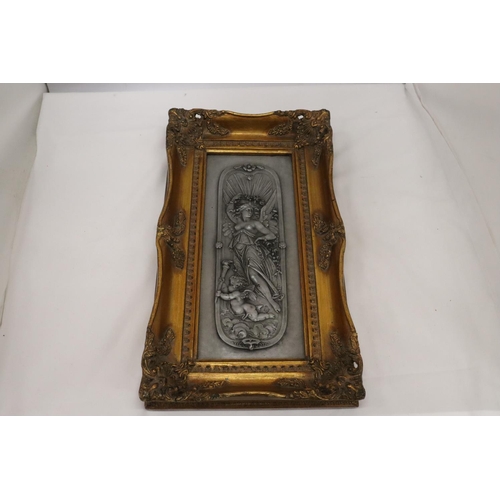 182 - A GILT FRAMED ART NOUVEAU PLAQUE, 24CM X 42CM