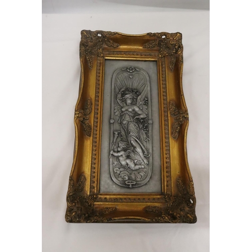 182 - A GILT FRAMED ART NOUVEAU PLAQUE, 24CM X 42CM