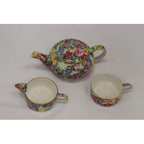 184 - A ROYAL WINTON, CHINTZ, 'JULIA' PATTERN SMALL TEAPOT, CREAM JUG AND SUGAR BOWL