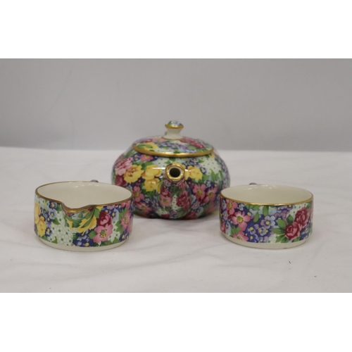 184 - A ROYAL WINTON, CHINTZ, 'JULIA' PATTERN SMALL TEAPOT, CREAM JUG AND SUGAR BOWL