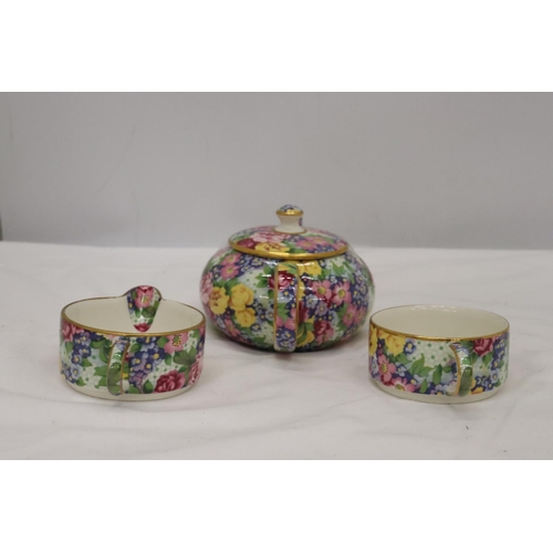 184 - A ROYAL WINTON, CHINTZ, 'JULIA' PATTERN SMALL TEAPOT, CREAM JUG AND SUGAR BOWL