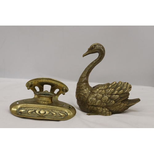 185 - TWO VINTAGE GERMAN 'GESCHUTZT' BRASS INKWELLS, ONE IN THE SHAPE OF A SWAN