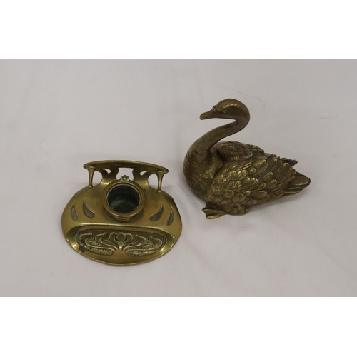 185 - TWO VINTAGE GERMAN 'GESCHUTZT' BRASS INKWELLS, ONE IN THE SHAPE OF A SWAN