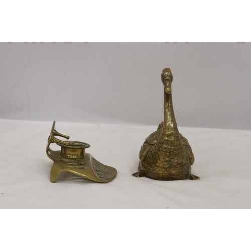 185 - TWO VINTAGE GERMAN 'GESCHUTZT' BRASS INKWELLS, ONE IN THE SHAPE OF A SWAN