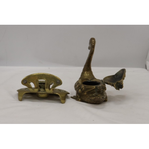 185 - TWO VINTAGE GERMAN 'GESCHUTZT' BRASS INKWELLS, ONE IN THE SHAPE OF A SWAN