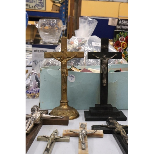 192 - SIX CRUCIFIXES TO INCLUDE BRASS, WOOD, ETC