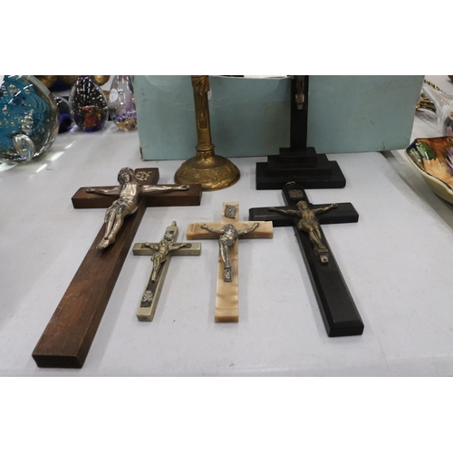 192 - SIX CRUCIFIXES TO INCLUDE BRASS, WOOD, ETC