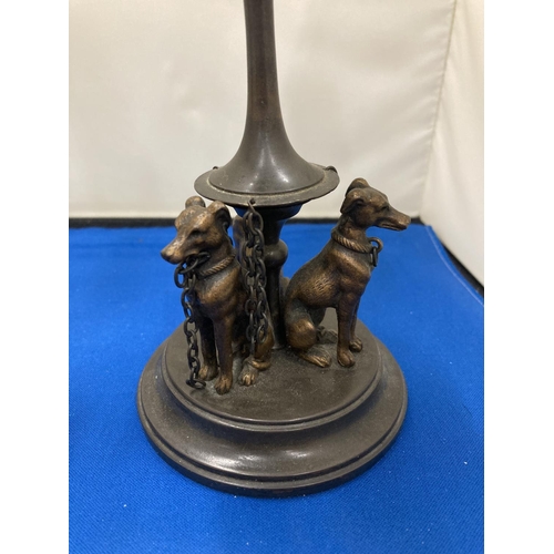 2 - A PAIR OF BRONZE CANDLESTICKS WITH LURCHER DESIGN, HEIGHT 20CM