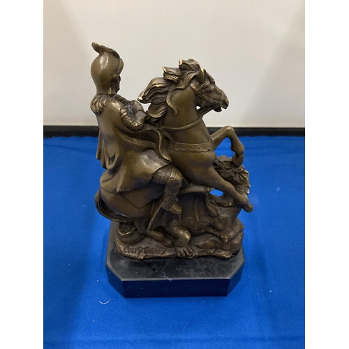 20 - A SIGNED BRONZE FIGURE OF GEORGE AND THE DRAGON ON A MARBLE BASE