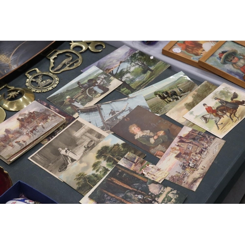 202 - A BLACK LACQUER TRAY WITH BIRD DESIGN TOGETHER WITH VINTAGE BRASSWARE AND POSTCARDS