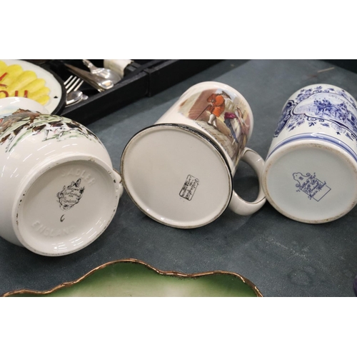 203 - A MIXED LOT TO INCLUDE SADLER TEAPOTS, LIMOGES HANDPAINTED HINGED EGG TRINKET, DELFT BLUE TANKARD, M... 