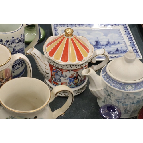 203 - A MIXED LOT TO INCLUDE SADLER TEAPOTS, LIMOGES HANDPAINTED HINGED EGG TRINKET, DELFT BLUE TANKARD, M... 