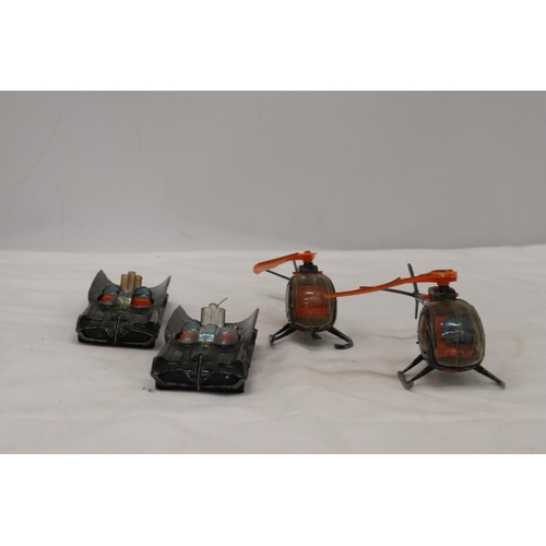 211 - TWO CORGI BATMOBILES TOGETHER WITH TWO BATCOPTERS