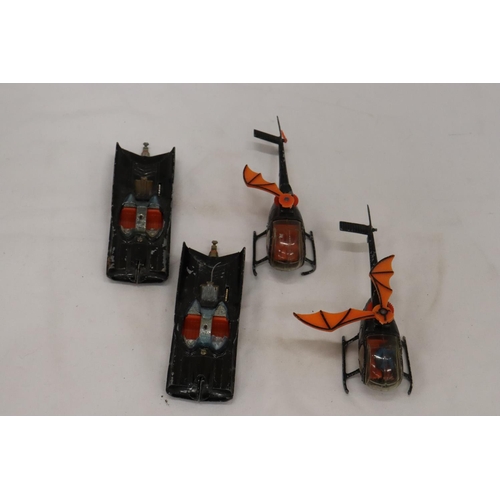 211 - TWO CORGI BATMOBILES TOGETHER WITH TWO BATCOPTERS