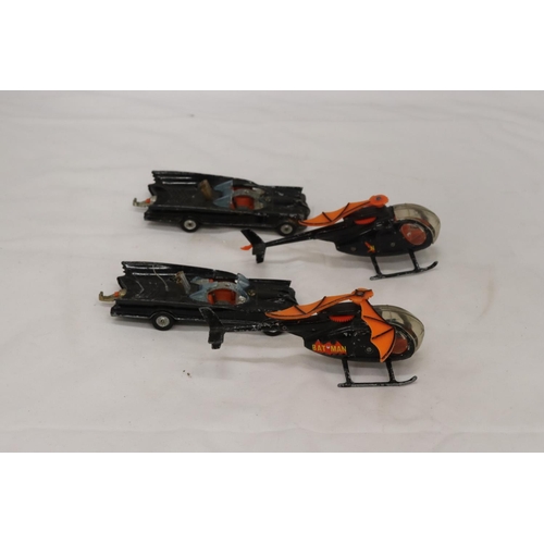 211 - TWO CORGI BATMOBILES TOGETHER WITH TWO BATCOPTERS